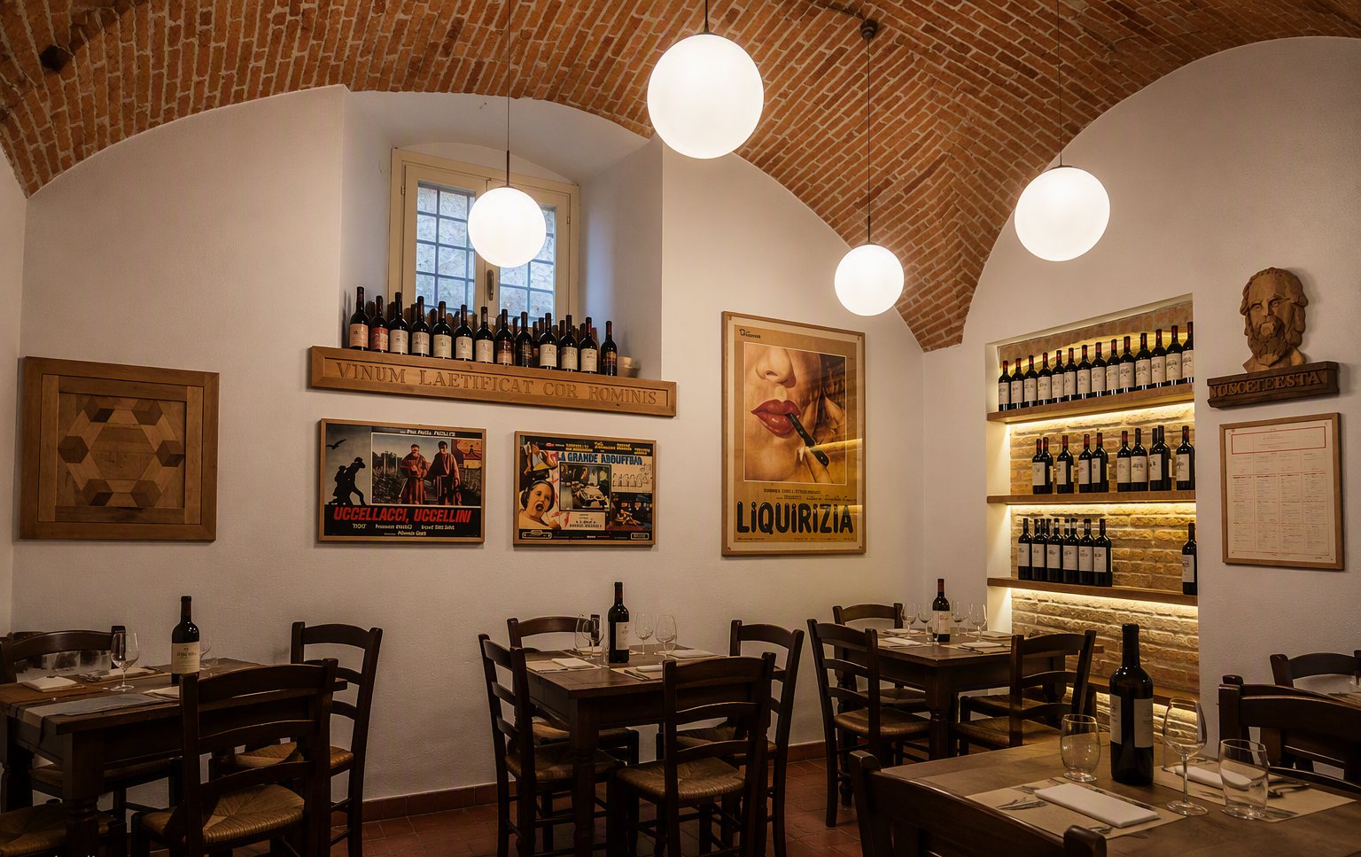 La sala con la volta di mattoni e le lampade bianche