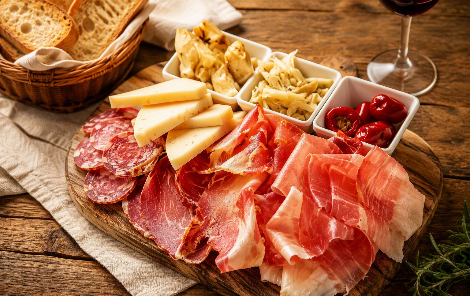 Tagliere di salumi e formaggi con cestino di pane